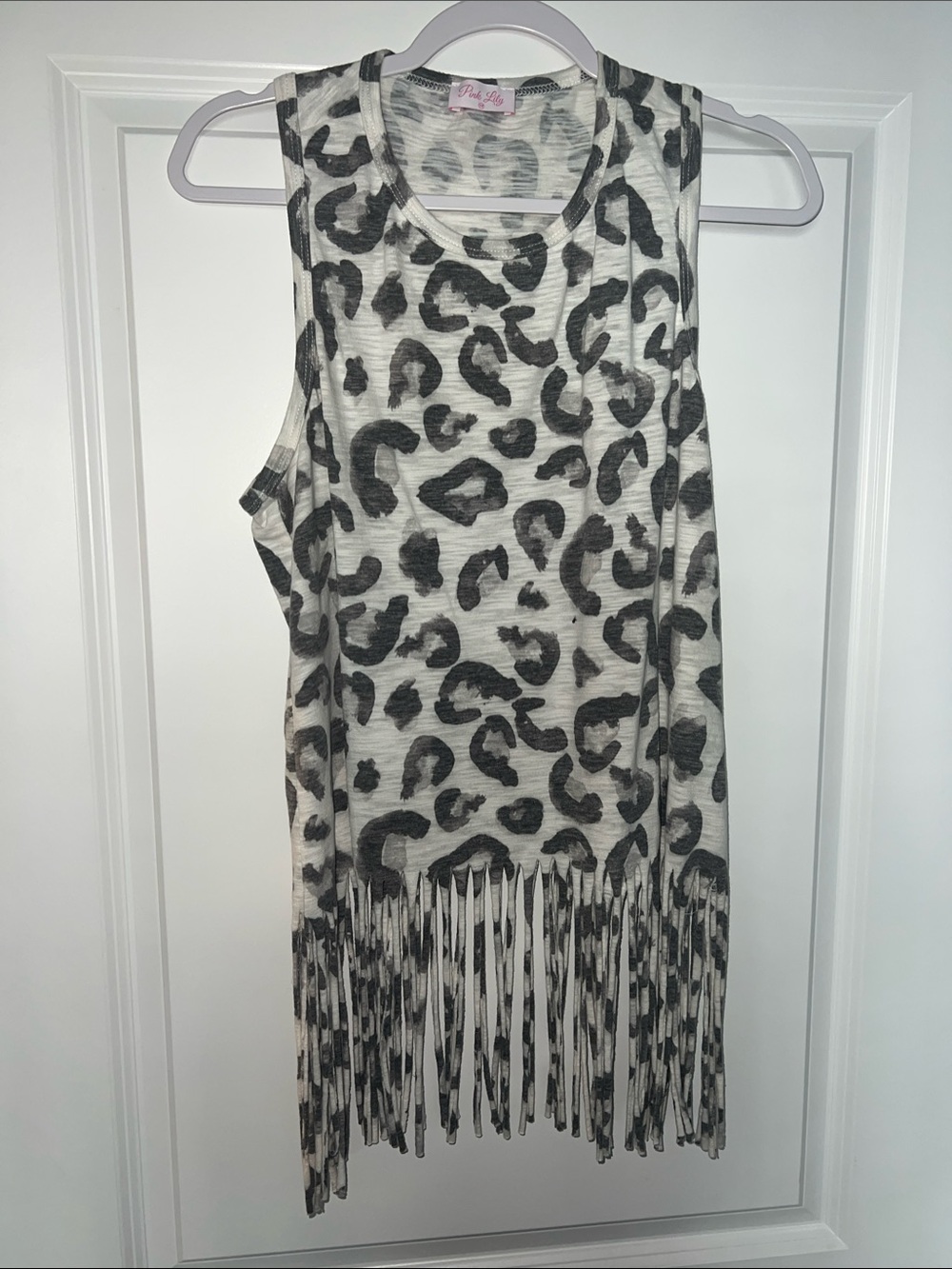Pink Lily Black & White Leopard Fringe Tank